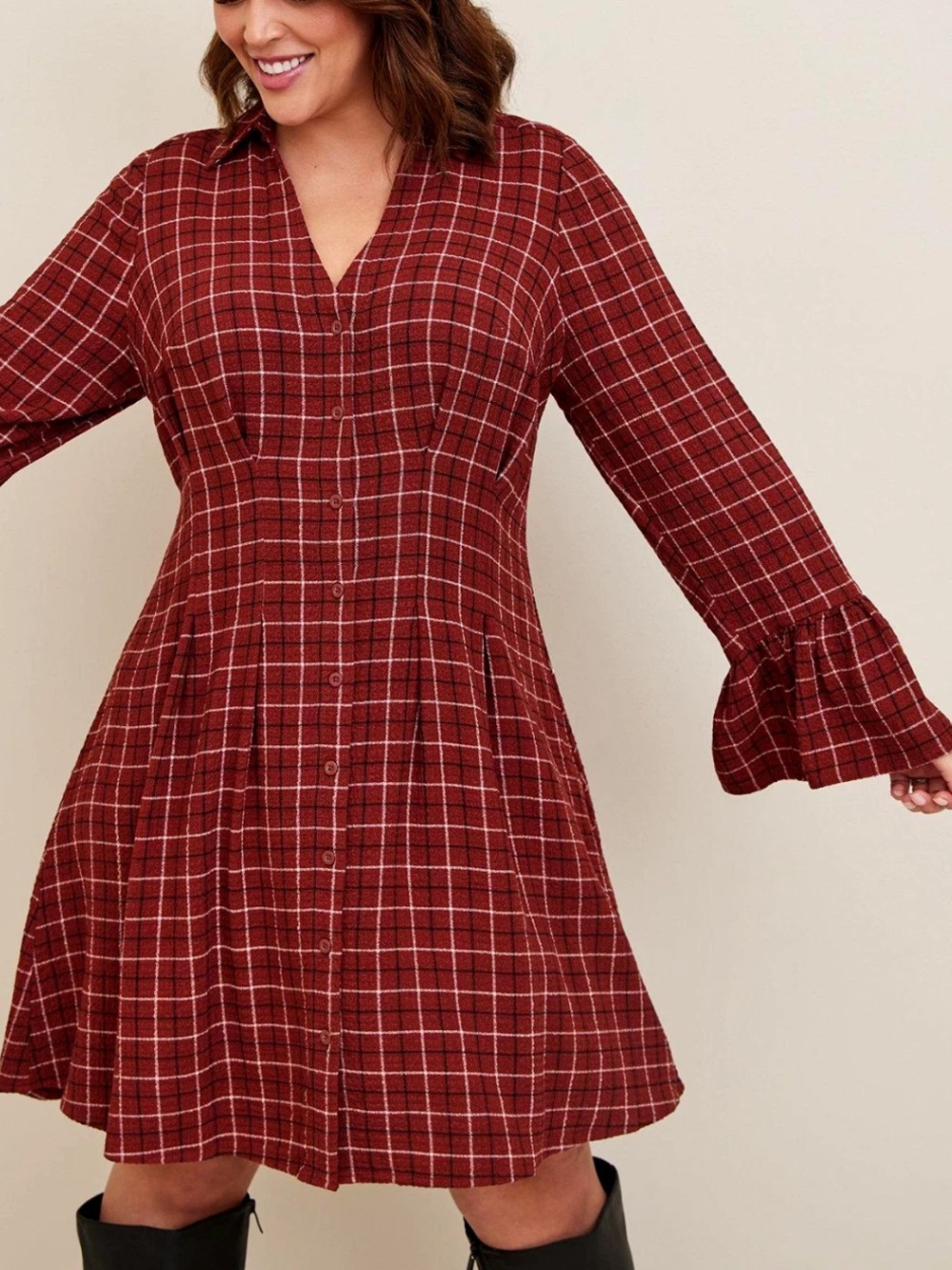 Torrid brick rust Red Plaid Mini Gauze Bell-Sleeve Shirt-dress - Size 3 (3X)
